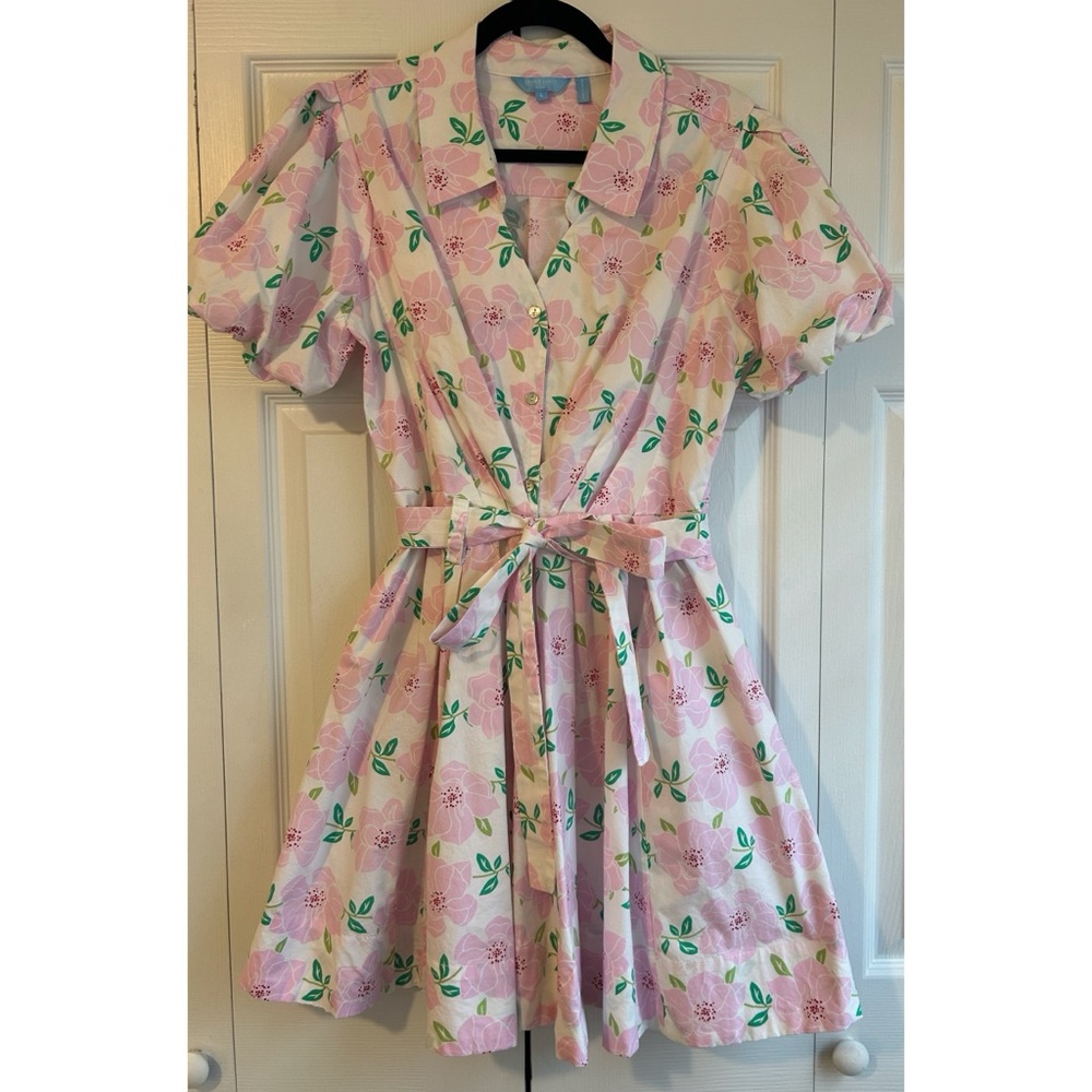 EUC Draper James RSVP Floral Shirtdress w/bubble sleeves Sz L White, pink, green